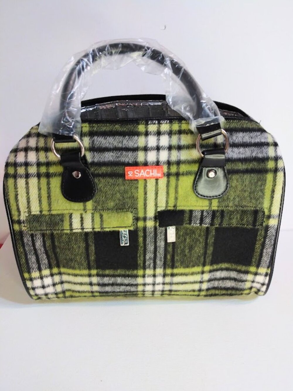 SACHI Insulated Lunch Tote Bag Purse Plaid Green Black Flannel Top Handles NEW
